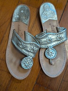 Jack Rogers Silver Whipstitch Medallion Thong Sandals